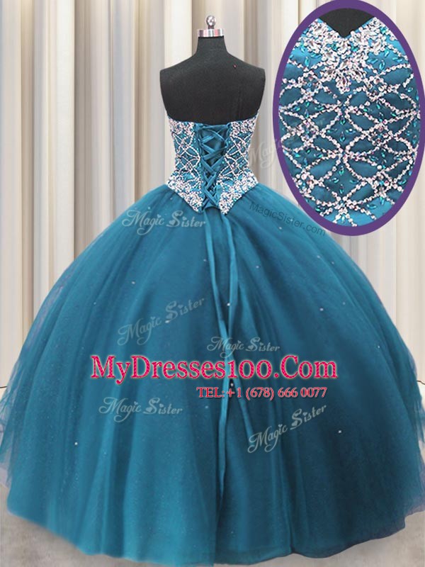 Excellent Teal Quinceanera Gown Military Ball and Sweet 16 and Quinceanera and For with Beading and Sequins Sweetheart Sleeveless Lace Up