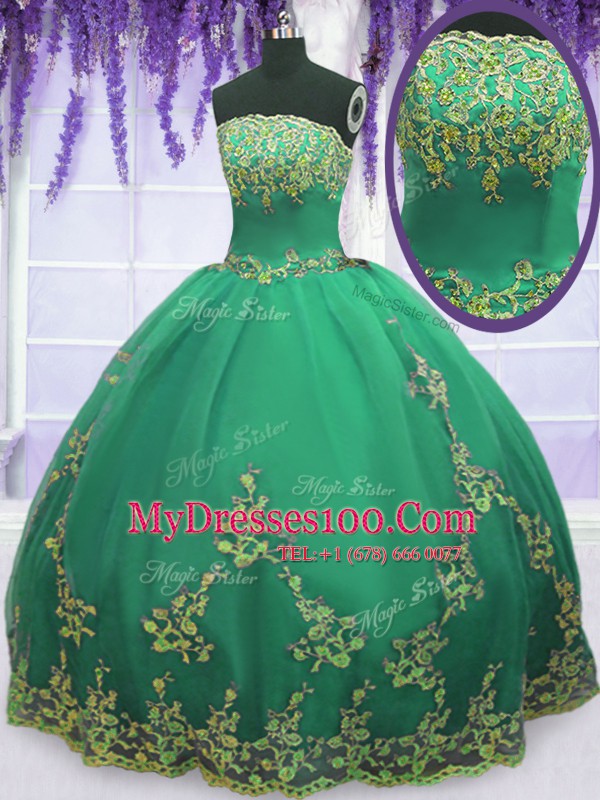 Turquoise Zipper Strapless Appliques 15th Birthday Dress Tulle Sleeveless