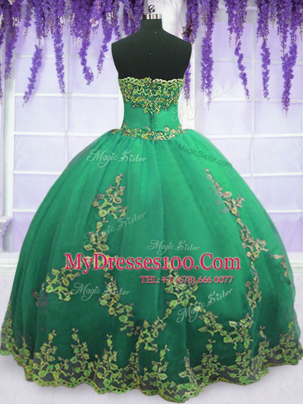 Turquoise Zipper Strapless Appliques 15th Birthday Dress Tulle Sleeveless