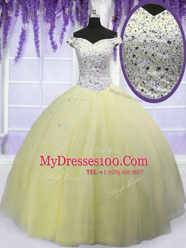 Lovely Light Yellow Off The Shoulder Lace Up Beading 15th Birthday Dress Short Sleeves