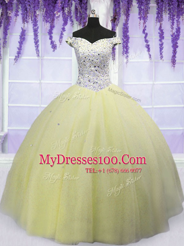 Lovely Light Yellow Off The Shoulder Lace Up Beading 15th Birthday Dress Short Sleeves