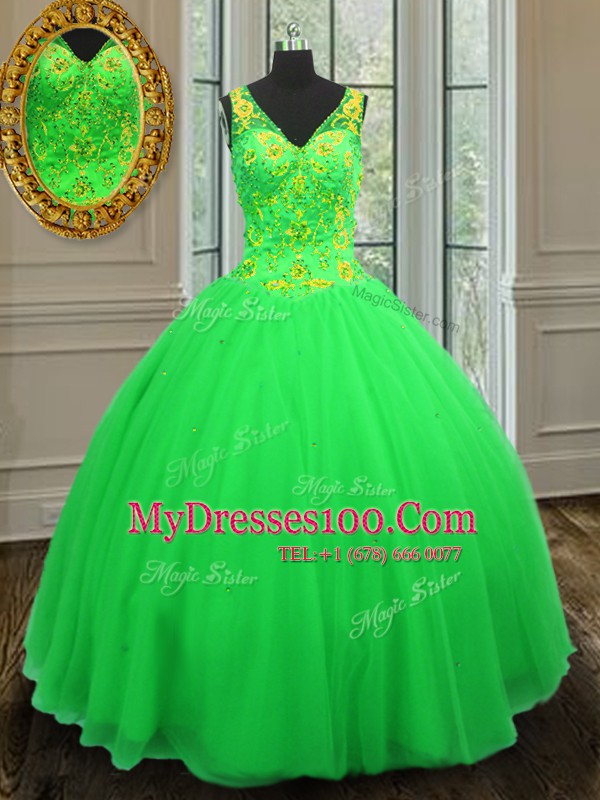 Clearance Green Ball Gowns V-neck Sleeveless Tulle Floor Length Zipper Beading Quinceanera Dresses