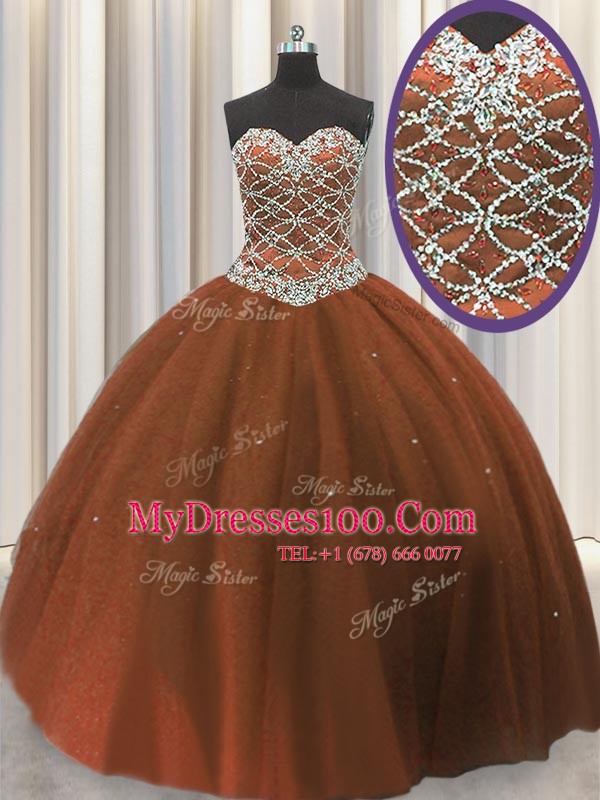 Decent Sequins Sweetheart Sleeveless Lace Up Sweet 16 Quinceanera Dress Brown Tulle