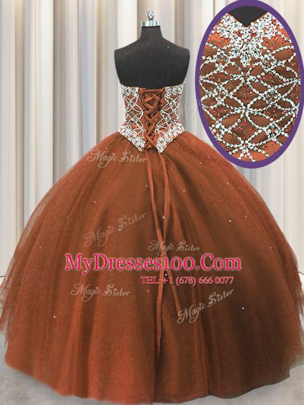 Decent Sequins Sweetheart Sleeveless Lace Up Sweet 16 Quinceanera Dress Brown Tulle
