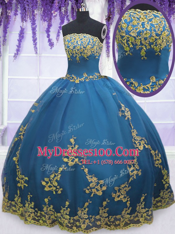 Teal Strapless Zipper Lace and Appliques Vestidos de Quinceanera Sleeveless