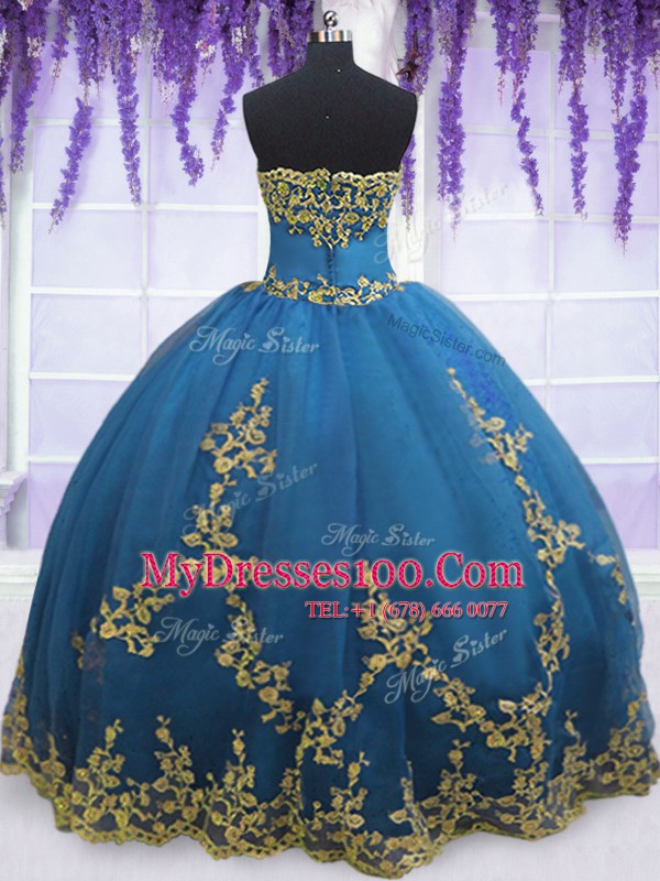 Teal Strapless Zipper Lace and Appliques Vestidos de Quinceanera Sleeveless