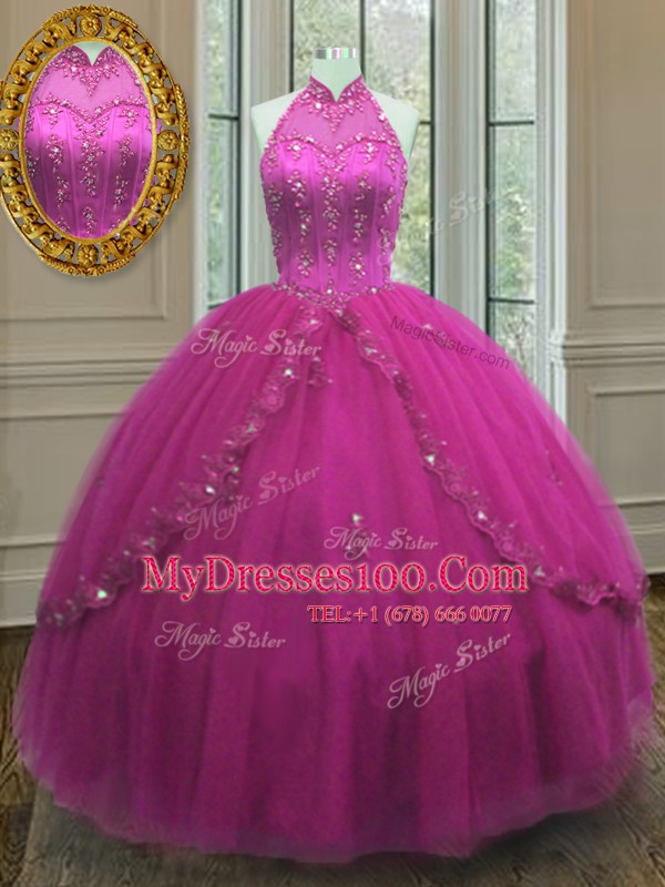 Tulle High-neck Sleeveless Lace Up Beading and Appliques Quinceanera Gowns in Fuchsia