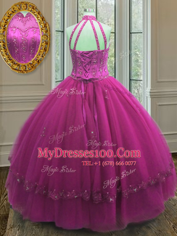 Tulle High-neck Sleeveless Lace Up Beading and Appliques Quinceanera Gowns in Fuchsia