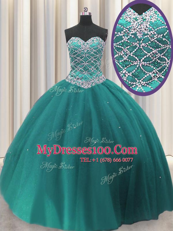 Teal Sweetheart Neckline Beading and Sequins 15 Quinceanera Dress Sleeveless Lace Up