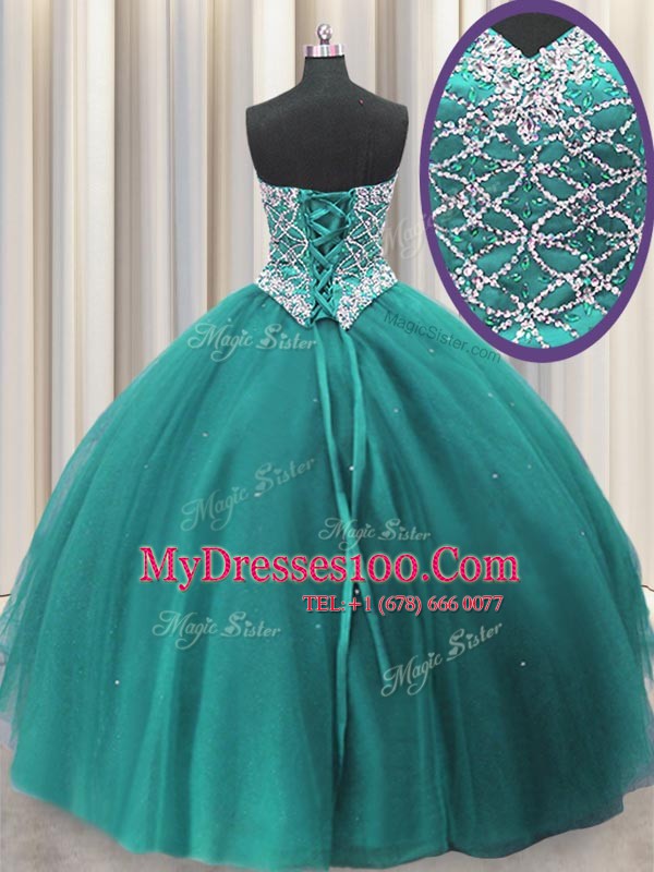 Teal Sweetheart Neckline Beading and Sequins 15 Quinceanera Dress Sleeveless Lace Up