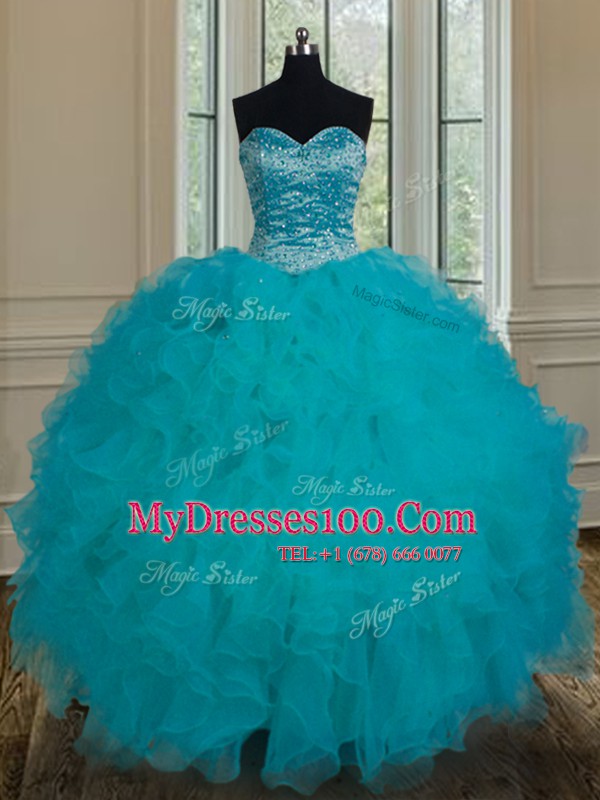 Low Price Teal Sweetheart Neckline Beading and Ruffles Quinceanera Gowns Sleeveless Lace Up