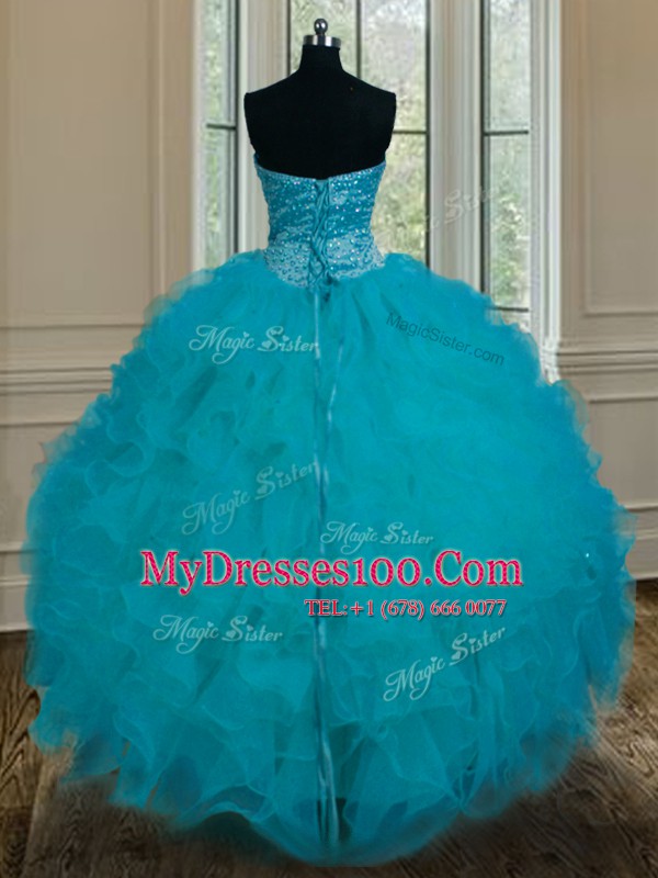 Low Price Teal Sweetheart Neckline Beading and Ruffles Quinceanera Gowns Sleeveless Lace Up