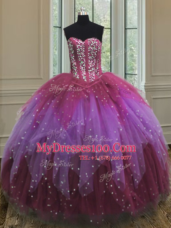 Three Piece Sequins Floor Length Multi-color Vestidos de Quinceanera Sweetheart Sleeveless Lace Up