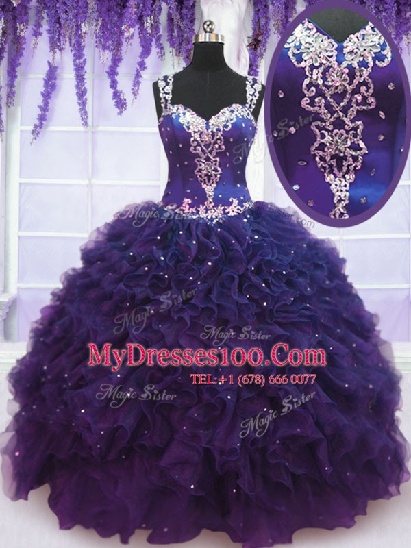 Blue Straps Zipper Beading and Ruffles Quince Ball Gowns Sleeveless