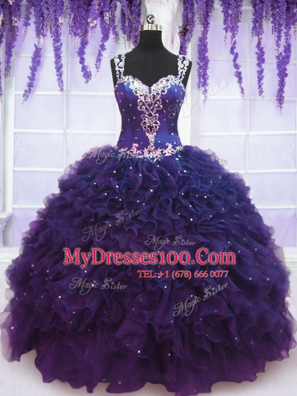 Blue Straps Zipper Beading and Ruffles Quince Ball Gowns Sleeveless