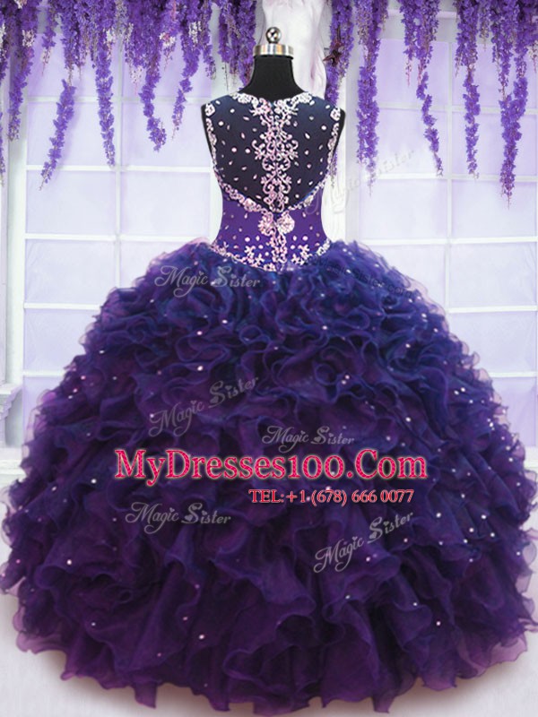 Blue Straps Zipper Beading and Ruffles Quince Ball Gowns Sleeveless