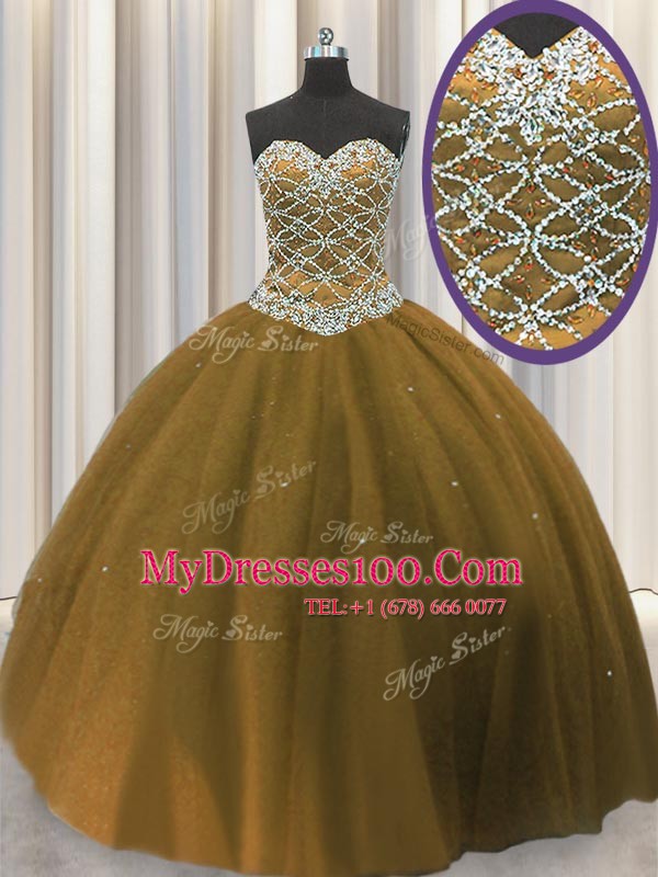 Fitting Brown Sleeveless Beading Floor Length 15 Quinceanera Dress