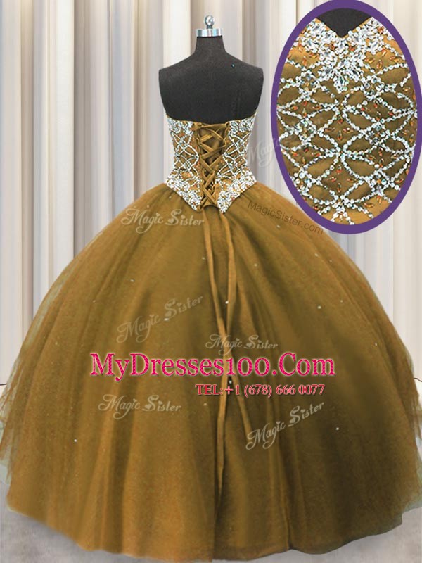 Fitting Brown Sleeveless Beading Floor Length 15 Quinceanera Dress