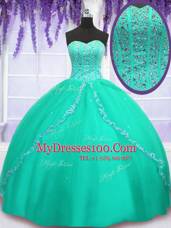 Classical Turquoise Ball Gowns Tulle Sweetheart Sleeveless Beading and Sequins Floor Length Lace Up Vestidos de Quinceanera
