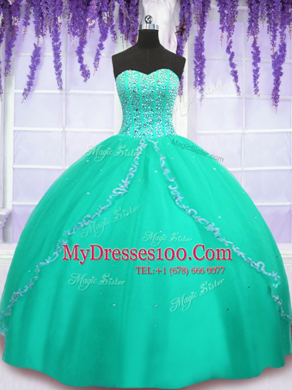 Classical Turquoise Ball Gowns Tulle Sweetheart Sleeveless Beading and Sequins Floor Length Lace Up Vestidos de Quinceanera