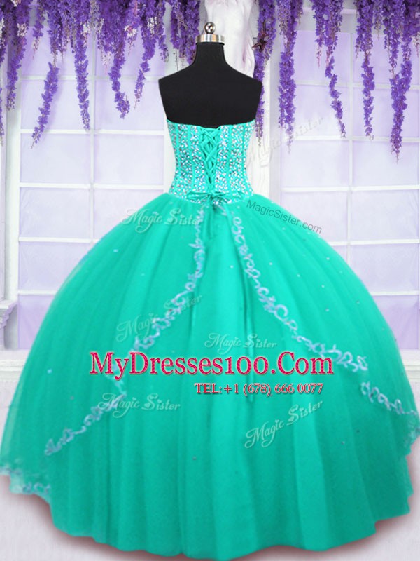 Classical Turquoise Ball Gowns Tulle Sweetheart Sleeveless Beading and Sequins Floor Length Lace Up Vestidos de Quinceanera