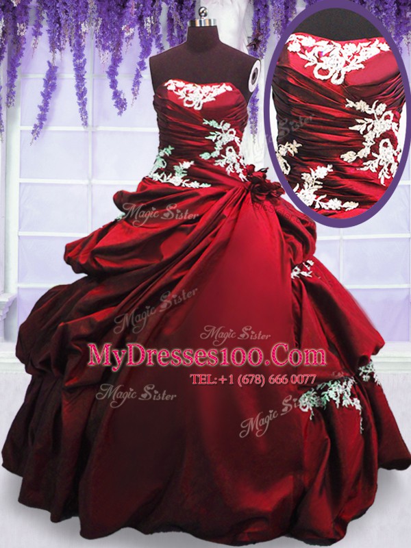 Fantastic Wine Red Lace Up Strapless Appliques and Pick Ups 15 Quinceanera Dress Taffeta Sleeveless