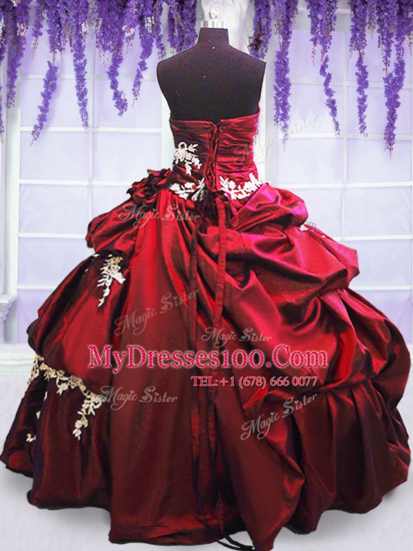 Fantastic Wine Red Lace Up Strapless Appliques and Pick Ups 15 Quinceanera Dress Taffeta Sleeveless