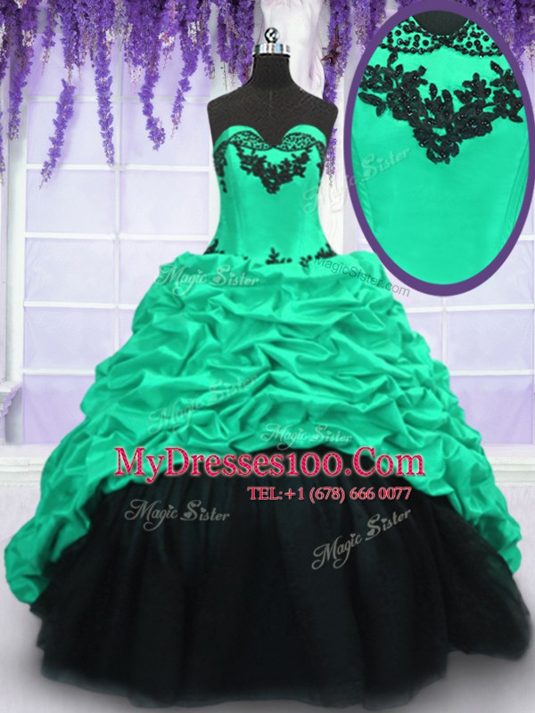 Turquoise Taffeta Lace Up Sweet 16 Dresses Sleeveless With Train Sweep Train Appliques and Ruffles and Pick Ups