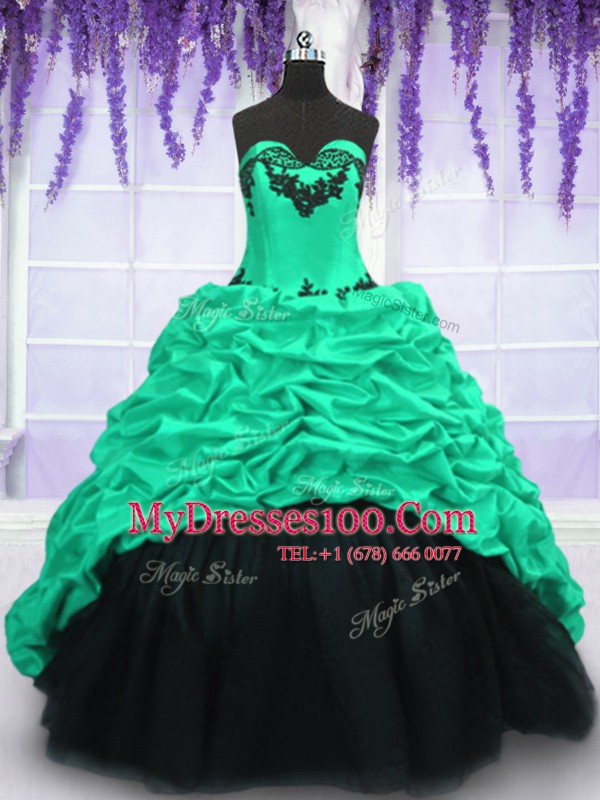 Turquoise Taffeta Lace Up Sweet 16 Dresses Sleeveless With Train Sweep Train Appliques and Ruffles and Pick Ups