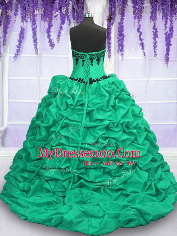 Turquoise Taffeta Lace Up Sweet 16 Dresses Sleeveless With Train Sweep Train Appliques and Ruffles and Pick Ups
