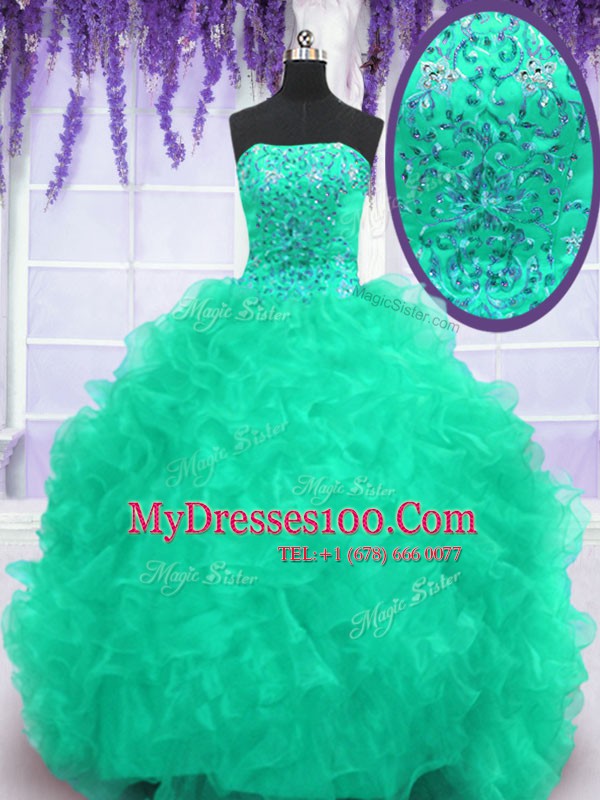 Turquoise Ball Gowns Organza Strapless Sleeveless Beading and Appliques and Ruffles With Train Lace Up Quinceanera Gown Brush Train