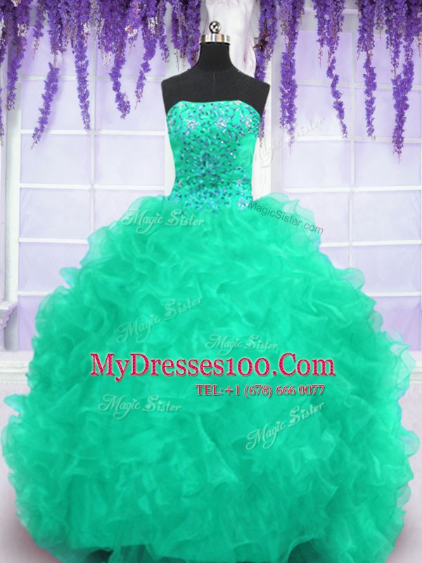 Turquoise Ball Gowns Organza Strapless Sleeveless Beading and Appliques and Ruffles With Train Lace Up Quinceanera Gown Brush Train