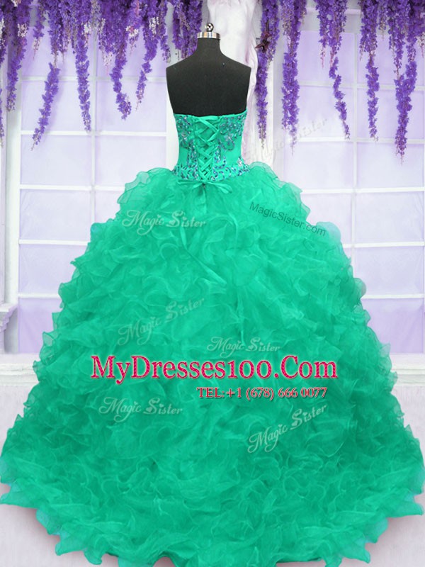 Turquoise Ball Gowns Organza Strapless Sleeveless Beading and Appliques and Ruffles With Train Lace Up Quinceanera Gown Brush Train
