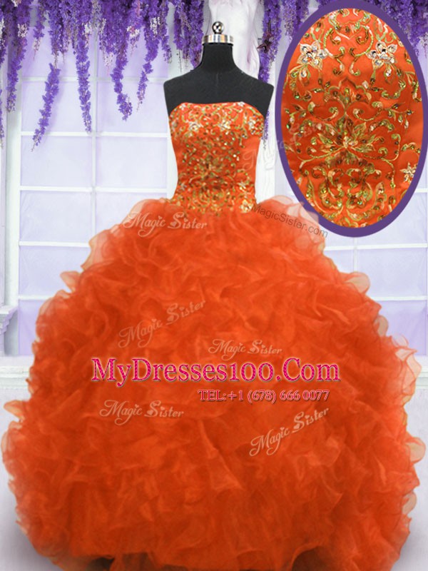 Sleeveless Brush Train Lace Up With Train Beading and Appliques and Ruffles Sweet 16 Dress