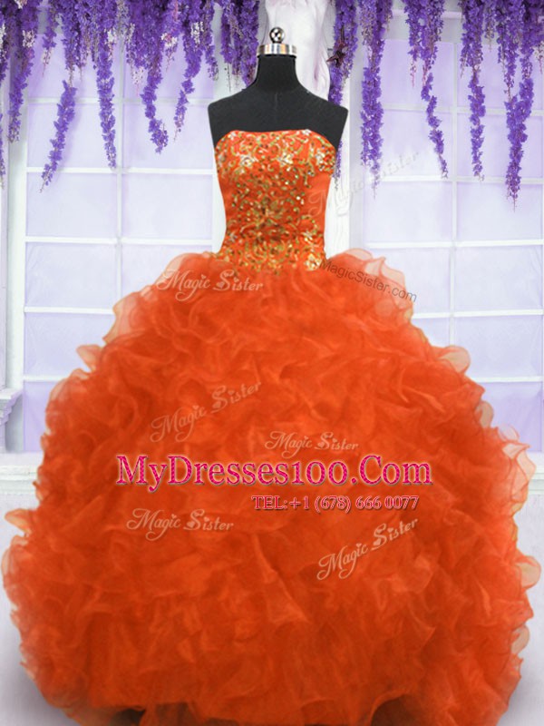 Sleeveless Brush Train Lace Up With Train Beading and Appliques and Ruffles Sweet 16 Dress