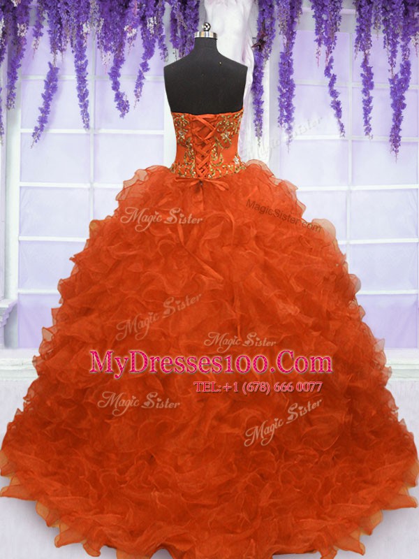 Sleeveless Brush Train Lace Up With Train Beading and Appliques and Ruffles Sweet 16 Dress