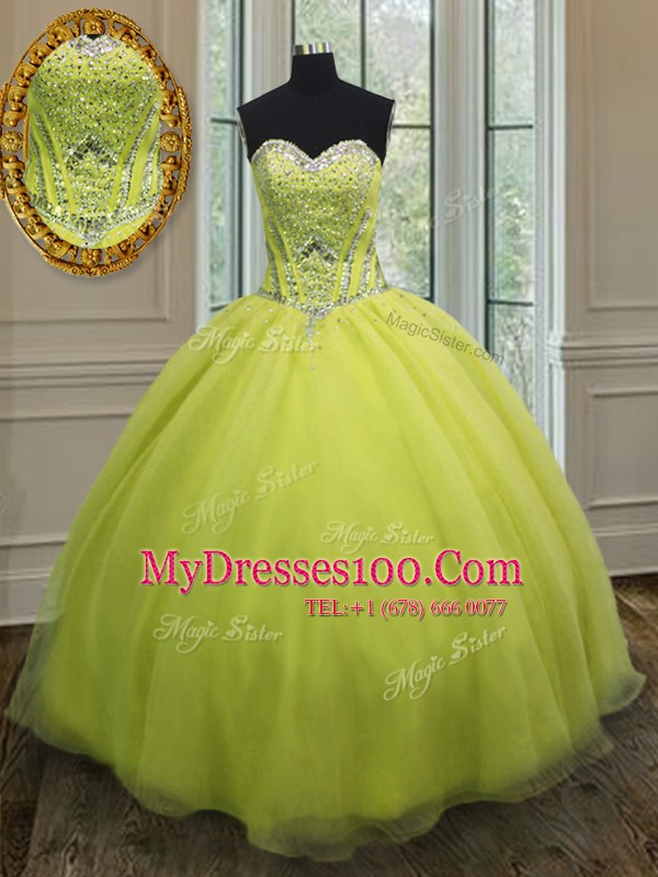 Fancy Yellow Green Sleeveless Organza Lace Up Vestidos de Quinceanera for Military Ball and Sweet 16 and Quinceanera