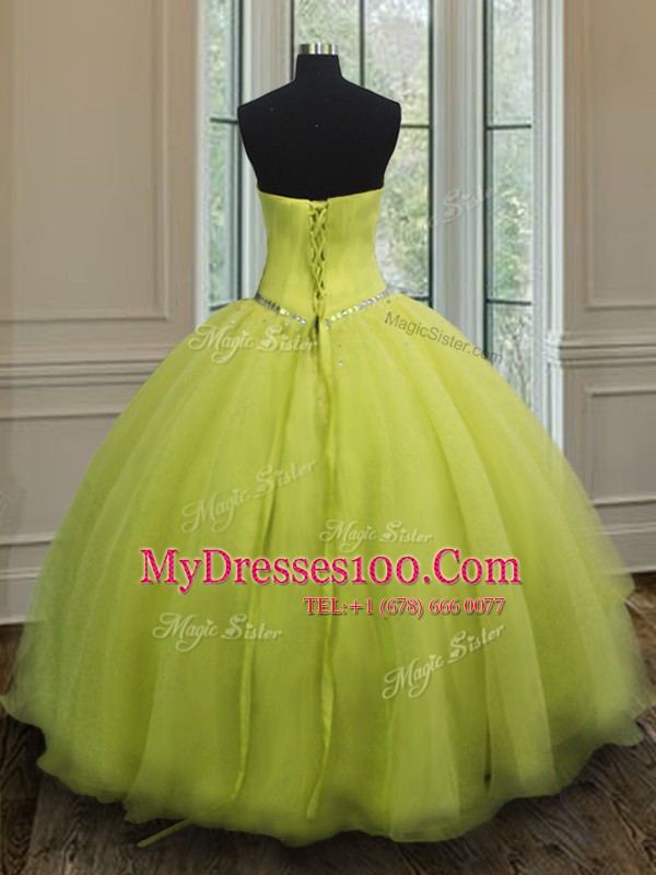 Fancy Yellow Green Sleeveless Organza Lace Up Vestidos de Quinceanera for Military Ball and Sweet 16 and Quinceanera