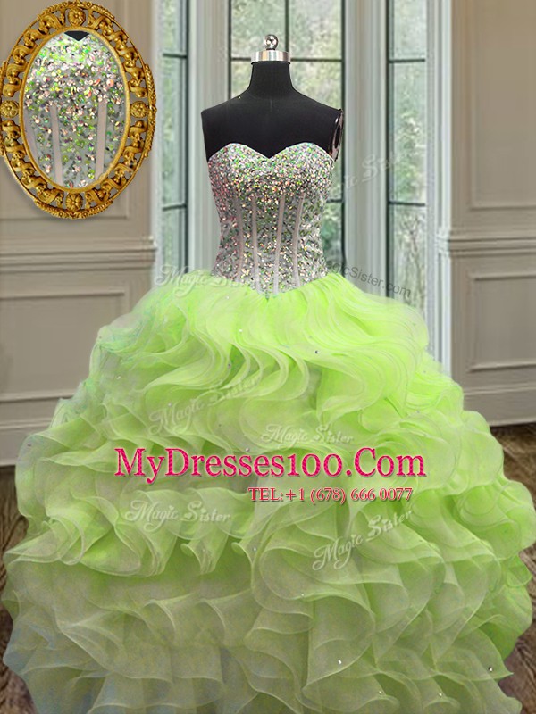 Great Yellow Green Sleeveless Organza Lace Up Sweet 16 Dress for Military Ball and Sweet 16 and Quinceanera