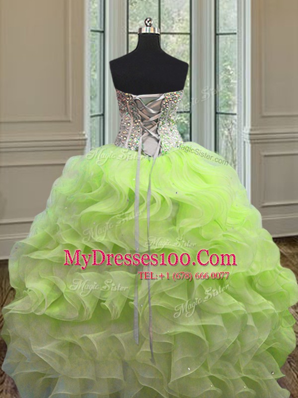 Great Yellow Green Sleeveless Organza Lace Up Sweet 16 Dress for Military Ball and Sweet 16 and Quinceanera