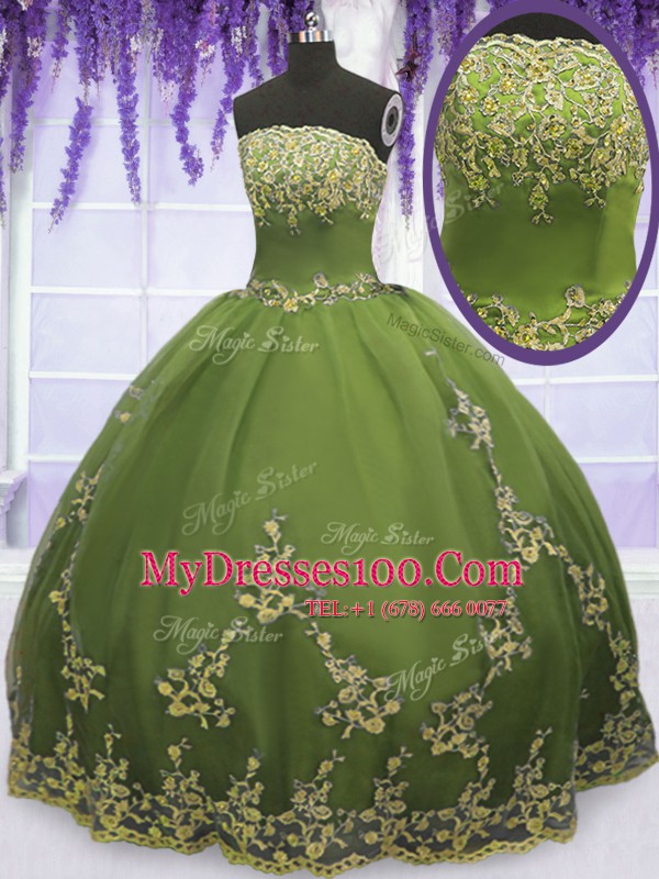Floor Length Zipper Sweet 16 Dresses Olive Green for Military Ball and Sweet 16 and Quinceanera with Appliques
