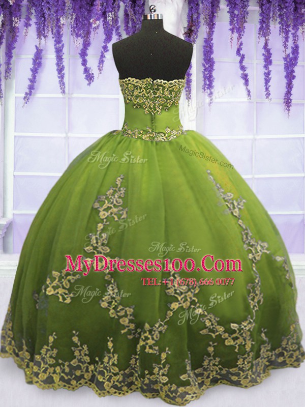 Floor Length Zipper Sweet 16 Dresses Olive Green for Military Ball and Sweet 16 and Quinceanera with Appliques