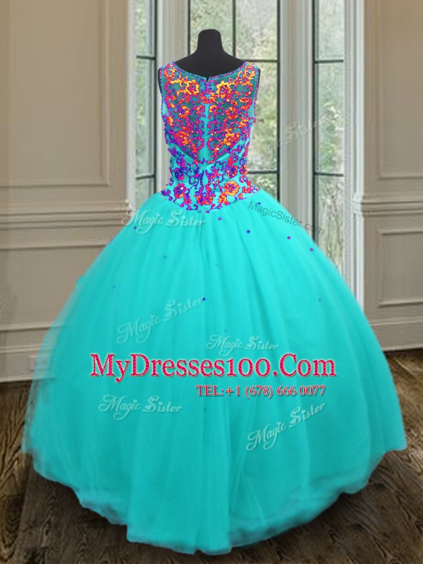 Aqua Blue Ball Gowns Tulle V-neck Sleeveless Beading Floor Length Zipper Quinceanera Gown