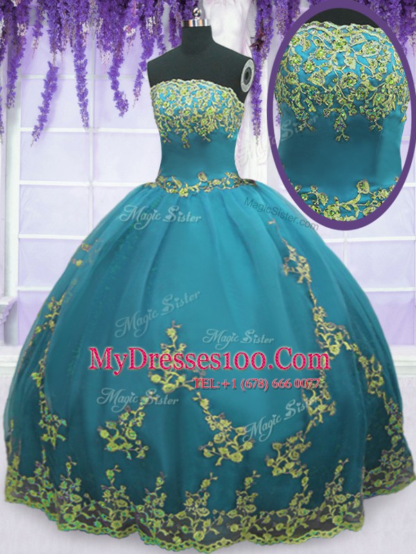 Elegant Teal Strapless Zipper Appliques Quinceanera Gown Sleeveless