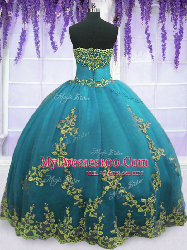 Elegant Teal Strapless Zipper Appliques Quinceanera Gown Sleeveless