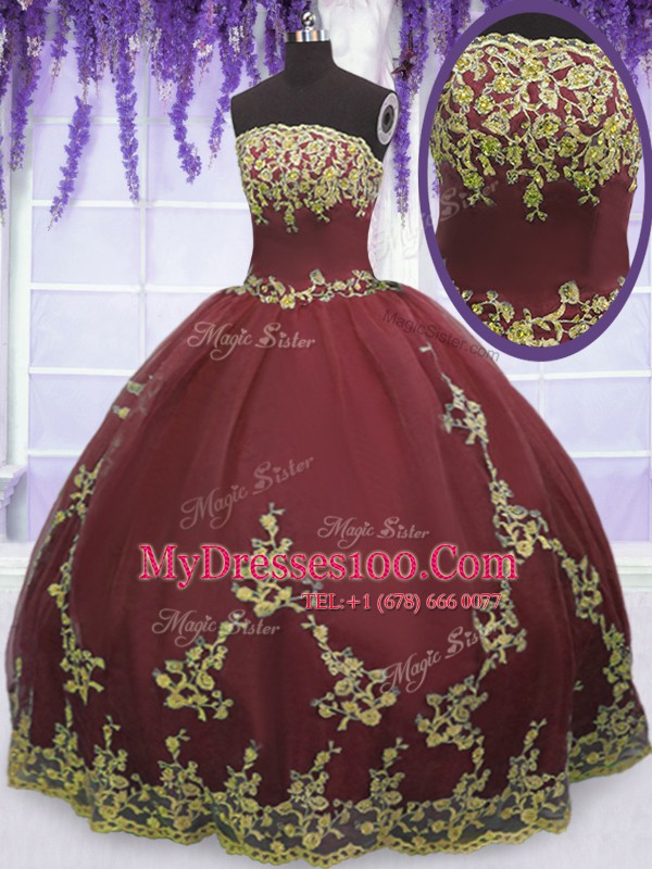 Dramatic Burgundy Strapless Zipper Appliques Sweet 16 Dresses Sleeveless