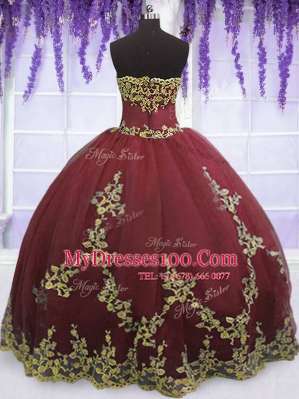 Dramatic Burgundy Strapless Zipper Appliques Sweet 16 Dresses Sleeveless
