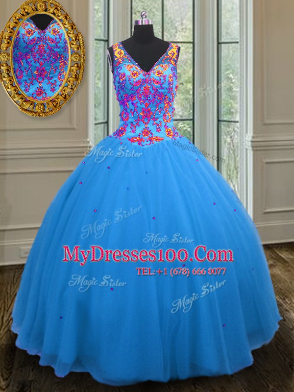 Straps Sleeveless Quinceanera Gowns Floor Length Beading and Sequins Blue Tulle