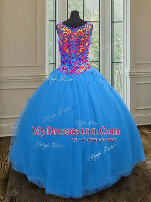 Straps Sleeveless Quinceanera Gowns Floor Length Beading and Sequins Blue Tulle