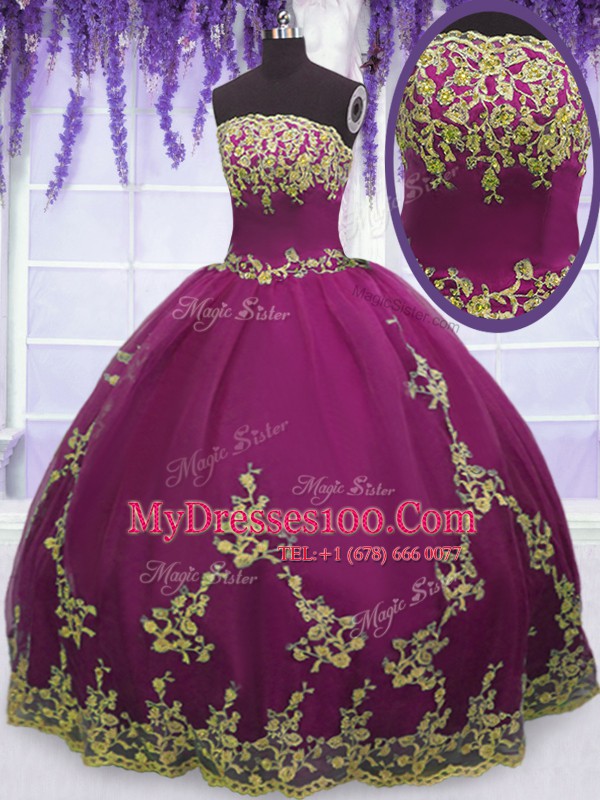 Affordable Sleeveless Floor Length Appliques Zipper Quinceanera Gowns with Fuchsia